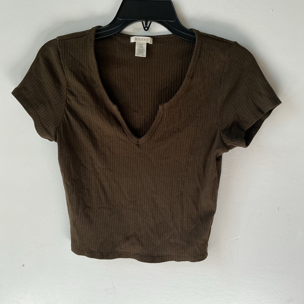 Bozzolo Dark Brown Ribbed V-Neck Top